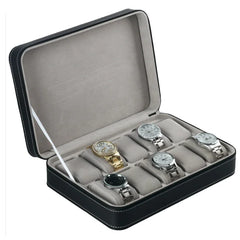 6-Slot Watch Box US Black Leather Zippered Case