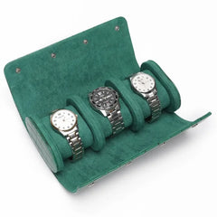Watch Roll Travel Case - Multi-Slot Green Leather Timepiece Organizer