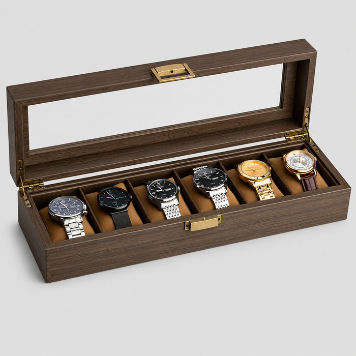 Premium Wood Storage Watch Case Organizer – 6 Slot Glass Display Box for Men