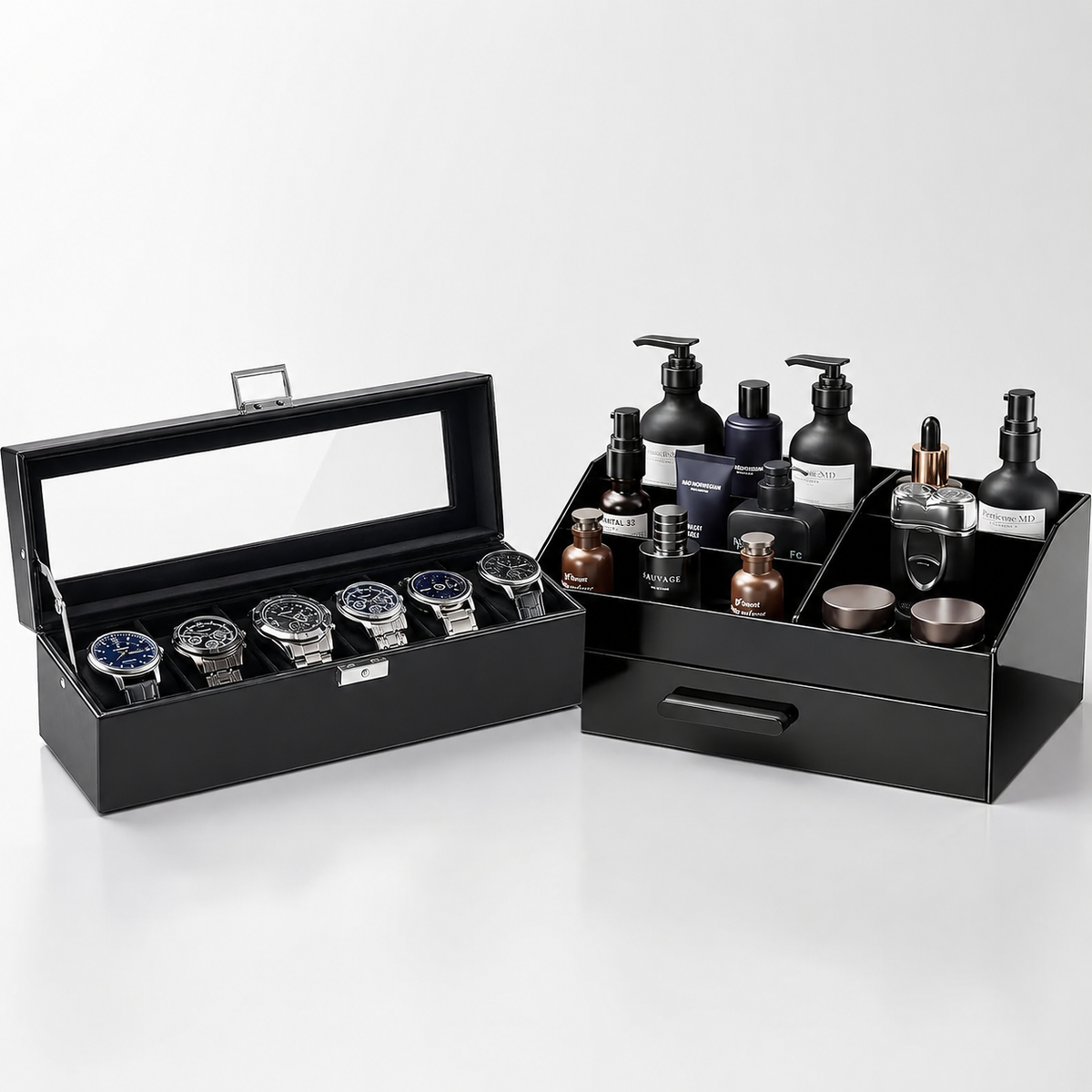 Premium Watch Box Bundle with Cologne Organizer – 6 Slot Men's Storage Case & Drawer