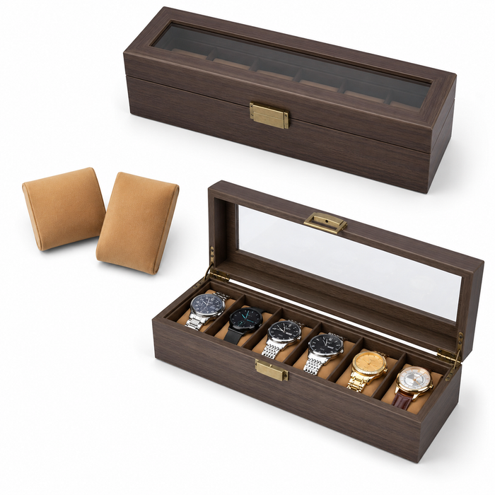 Premium Wood Storage Watch Case Organizer – 6 Slot Glass Display Box for Men