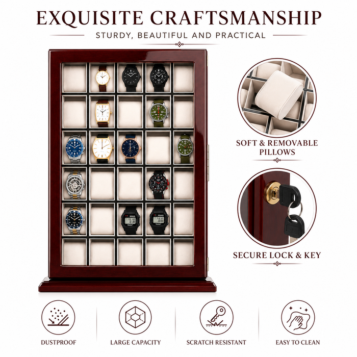 30-Slot Watch Box US Mahogany Wood Glass Door
