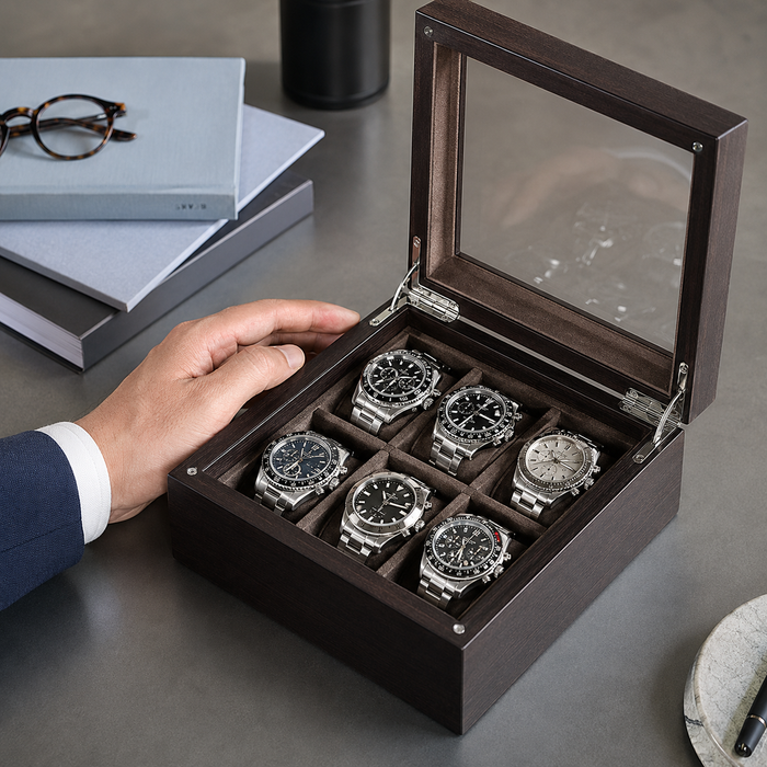 6-Slot Watch Box US Dark Wood Glass Lid