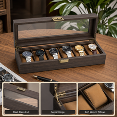 Premium Wood Storage Watch Case Organizer – 6 Slot Glass Display Box for Men