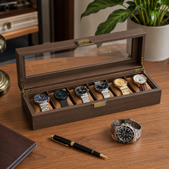 Premium Wood Storage Watch Case Organizer – 6 Slot Glass Display Box for Men