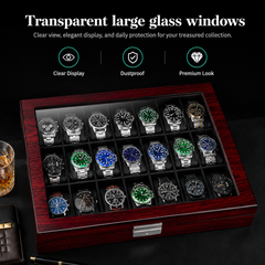 21-Slot Watch Box US Mahogany Wood Glass Lid