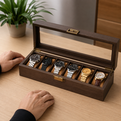 Premium Wood Storage Watch Case Organizer – 6 Slot Glass Display Box for Men