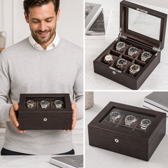 6-Slot Watch Box US Dark Wood Glass Lid