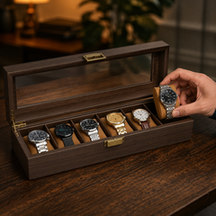 Premium Wood Storage Watch Case Organizer – 6 Slot Glass Display Box for Men