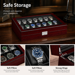 21-Slot Watch Box US Mahogany Wood Glass Lid
