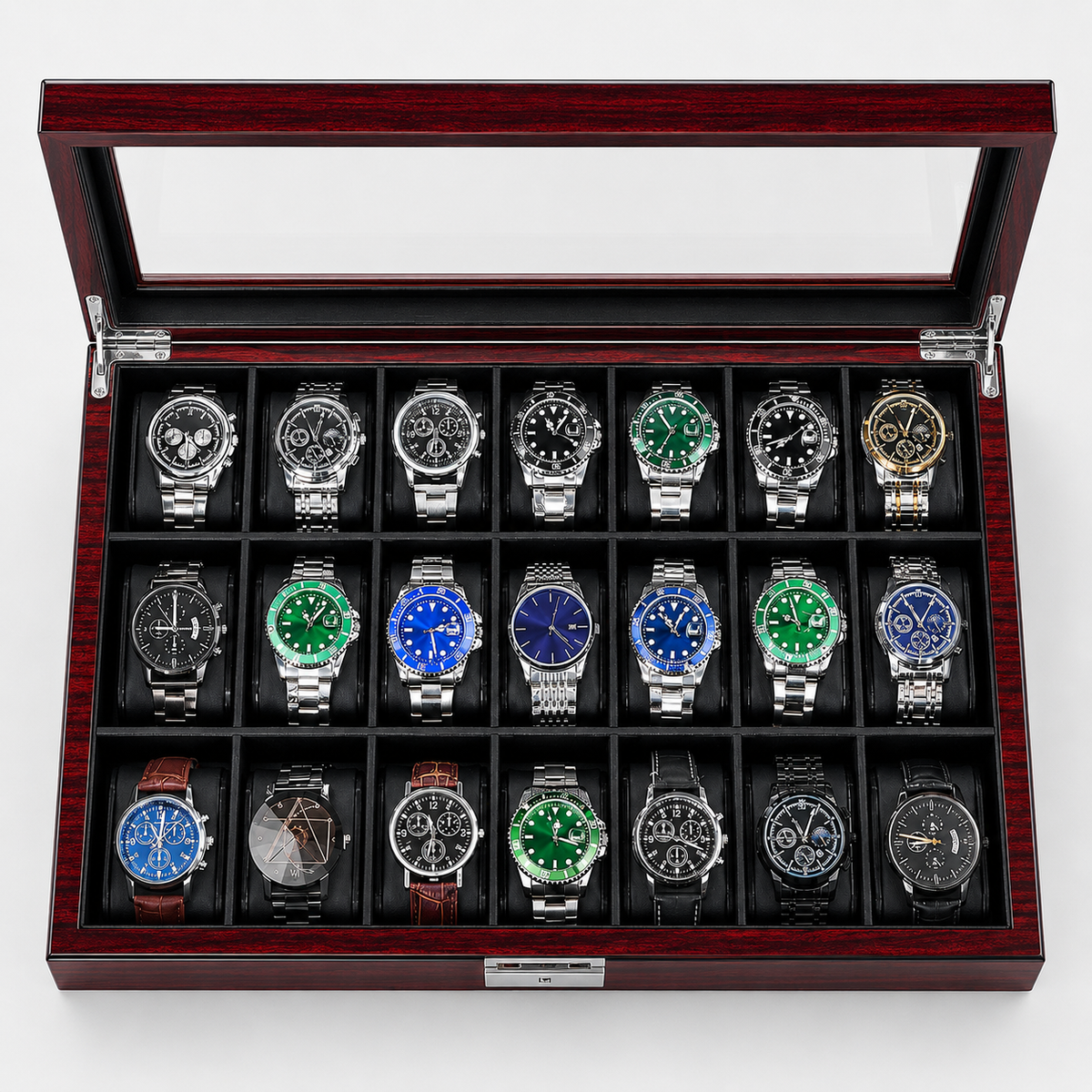 21-Slot Watch Box US Mahogany Wood Glass Lid