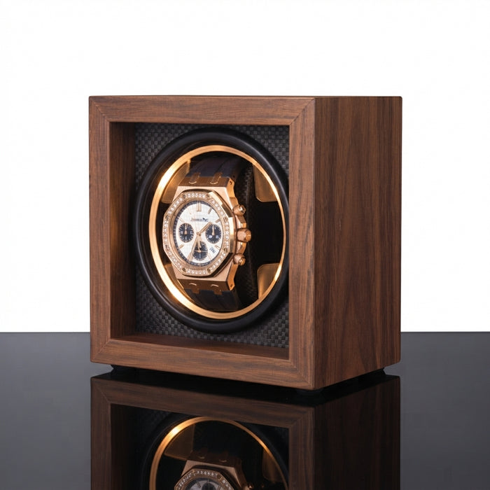 1-Slot Automatic Watch Winder, Walnut Wood, Open-Face Frame with Flexible Pillow
