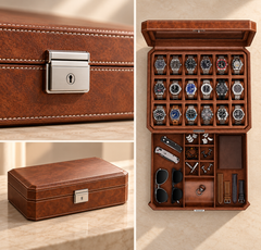18-Slot Watch Box US Brown Leather Glass Lid Drawer