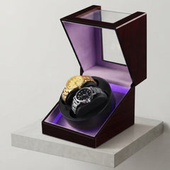 2-Slot Automatic Watch Winder Watch Box US Mahogany Wood Glass Lid