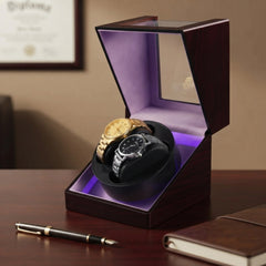 2-Slot Automatic Watch Winder Watch Box US Mahogany Wood Glass Lid