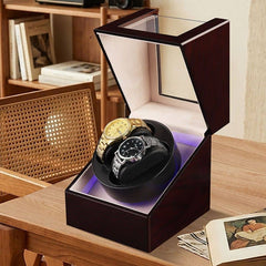 2-Slot Automatic Watch Winder Watch Box US Mahogany Wood Glass Lid
