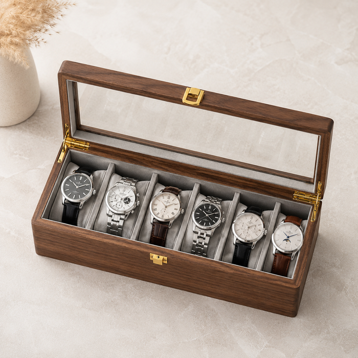 Premium Solid Black Walnut Watch Box – Luxury Glass Display Case with Velvet Lining