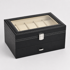 10-Slot Watch Box US Black Leather Glass Lid Drawer