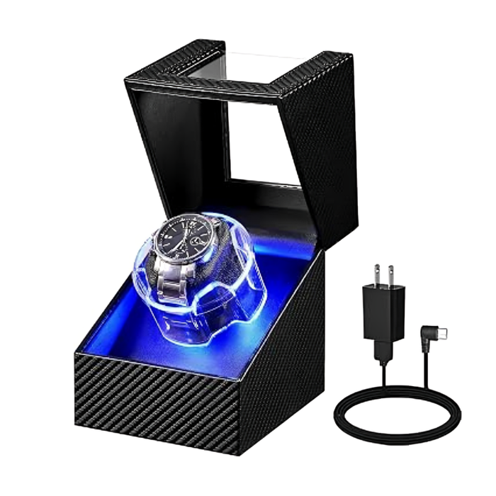 1-Slot Automatic Watch Winder Watch Box US Carbon Fiber Glass Lid