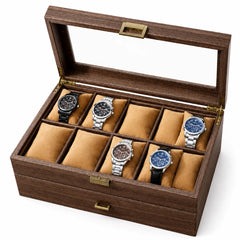 10-Slot Watch Box US Walnut Wood Glass Lid Drawer