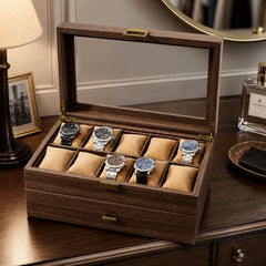 10-Slot Watch Box US Walnut Wood Glass Lid Drawer