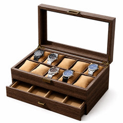 10-Slot Watch Box US Walnut Wood Glass Lid Drawer