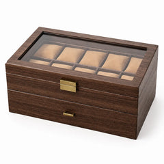 10-Slot Watch Box US Walnut Wood Glass Lid Drawer