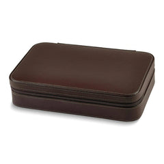 Brown zippered watch and sunglass travel case, closed, top view