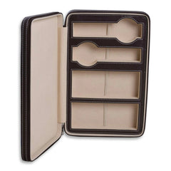 Watch and sunglass travel case open showing 2 watch slots and 2 sunglass compartments in cream lining