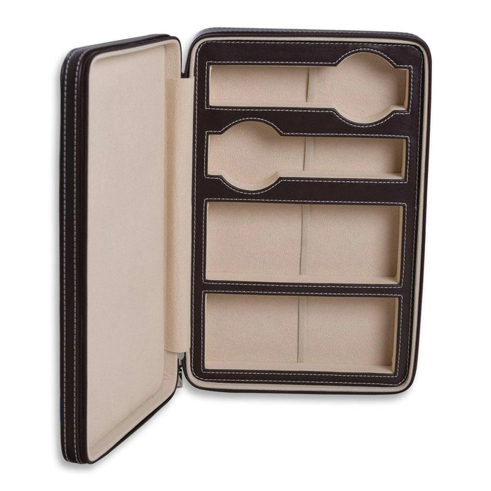Watch and sunglass travel case open showing 2 watch slots and 2 sunglass compartments in cream lining
