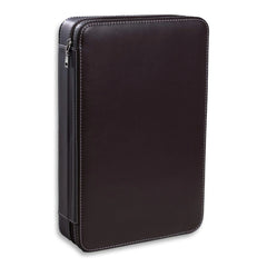 Brown watch and sunglass travel case standing upright, closed
