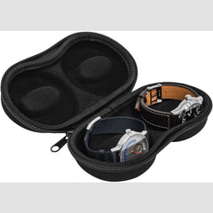 Black 2 watch travel case open with two watches resting in the lined pods