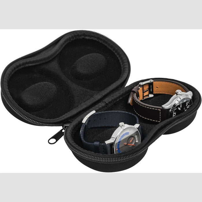 Black 2 watch travel case open with two watches resting in the lined pods