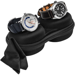Two watches on top of a black 2 watch travel case with a microfiber cloth