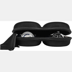 Black 2 watch travel case half open with watches and microfiber cloth