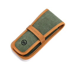 Green canvas single watch pouch closed with tan leather band