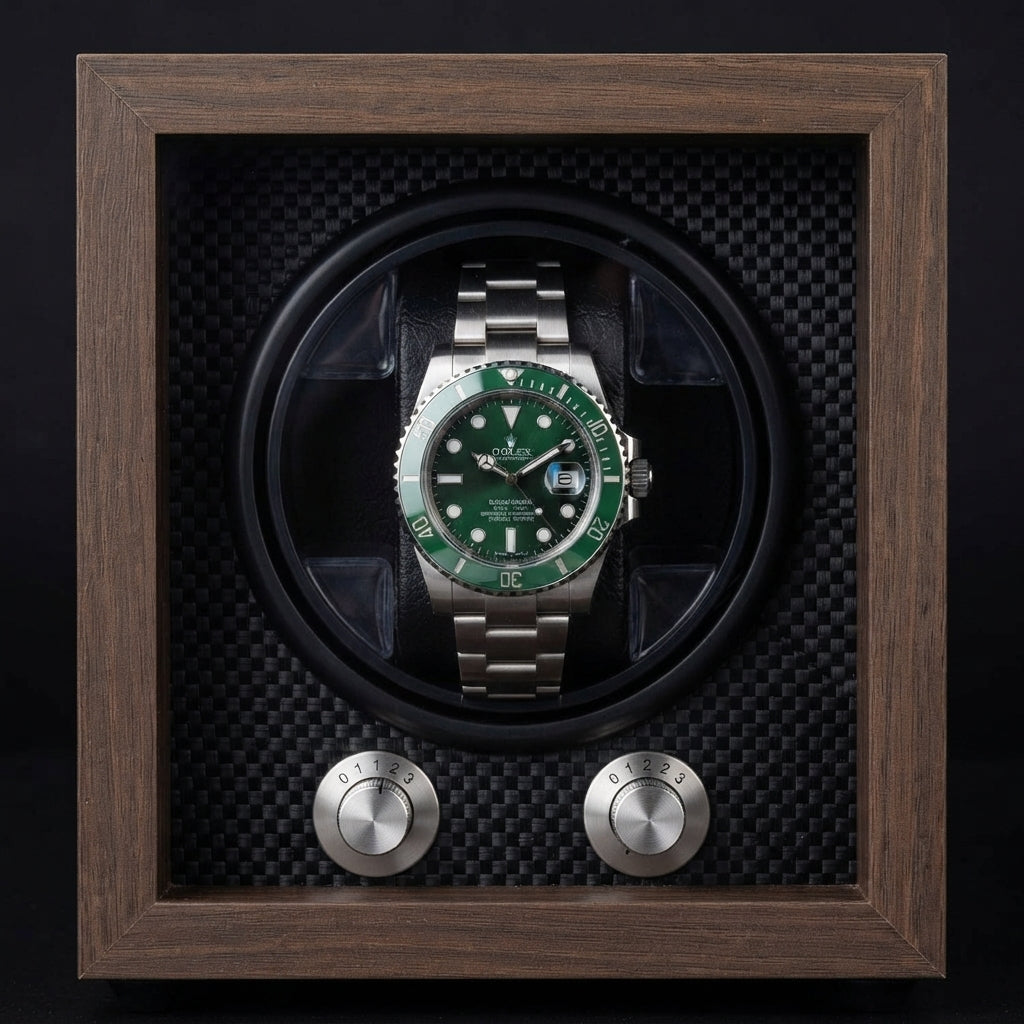 1-Slot Automatic Watch Winder, Walnut Wood, Carbon Fiber Back with Adjustable Pillow