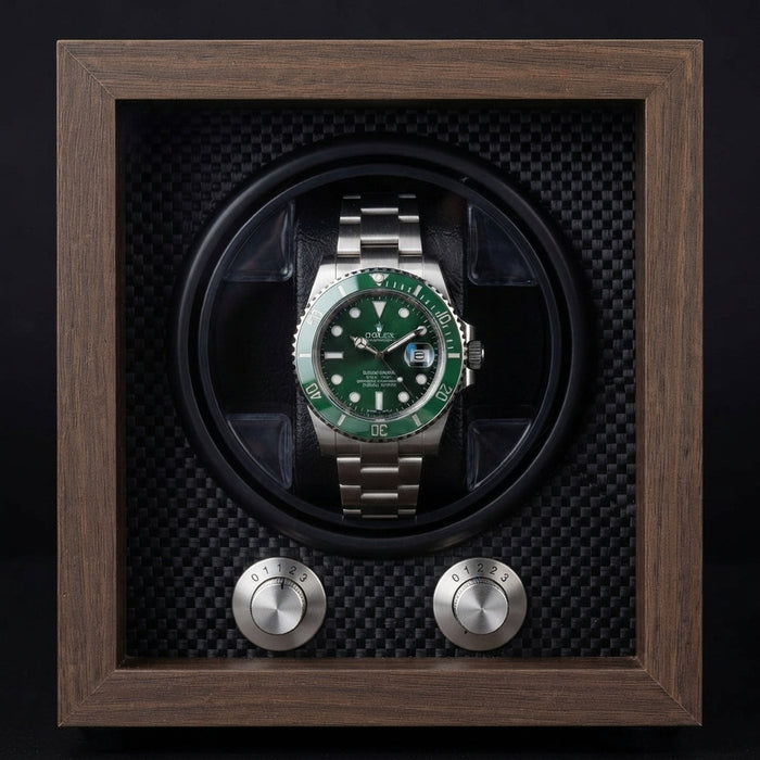 1-Slot Automatic Watch Winder, Walnut Wood, Carbon Fiber Back with Adjustable Pillow