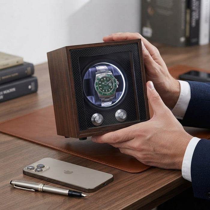 1-Slot Automatic Watch Winder, Walnut Wood, Carbon Fiber Back with Adjustable Pillow