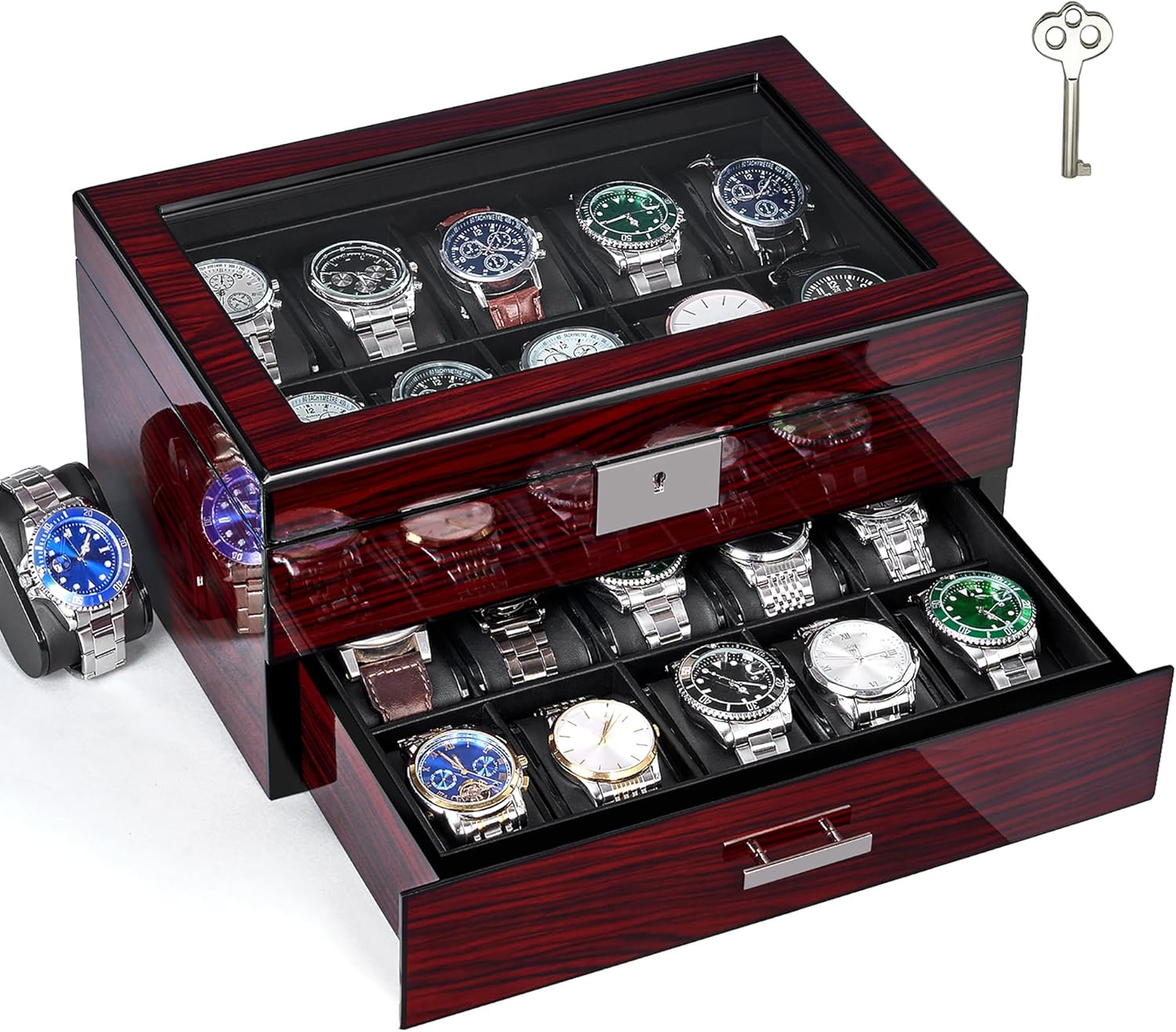 Premium 20 Slot Watch Box - 2-Tier Wooden Display Case with Large Glass Lid
