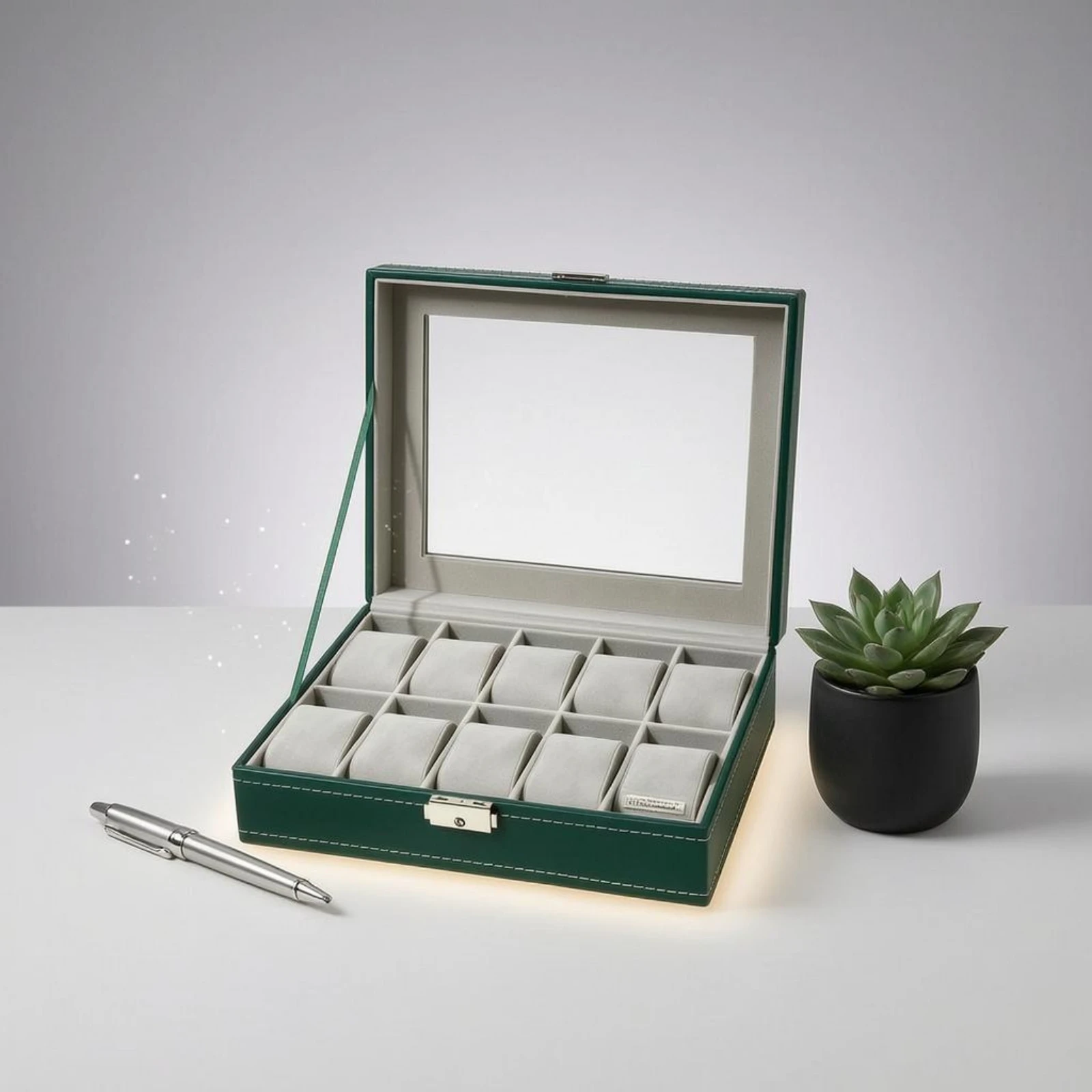 Premium 10 Slot Watch Box - Leather-Look Case with Transparent Display Lid