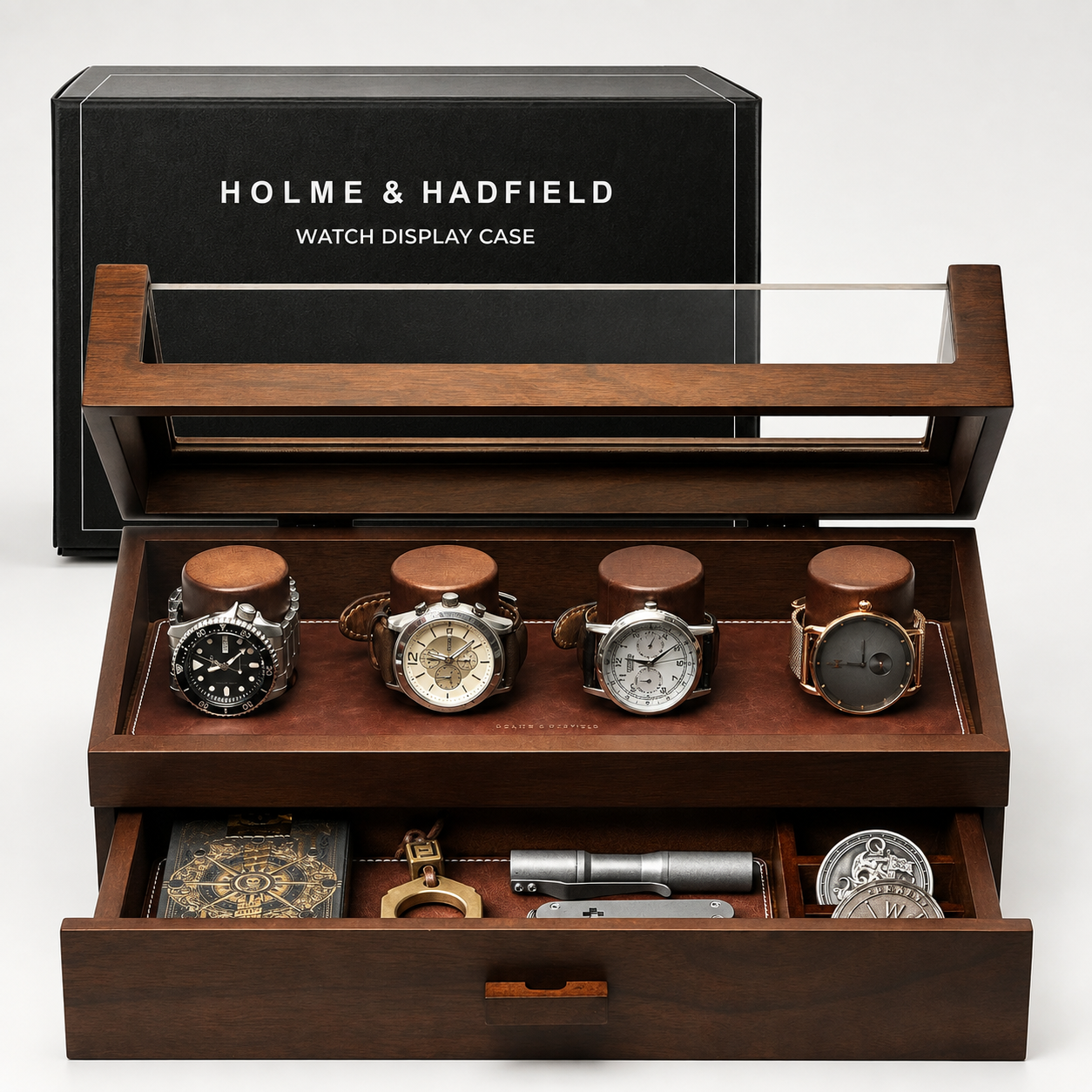Premium 4 Slot Luxury Watch Display Case - Hinged Cover Box with Storage Drawer