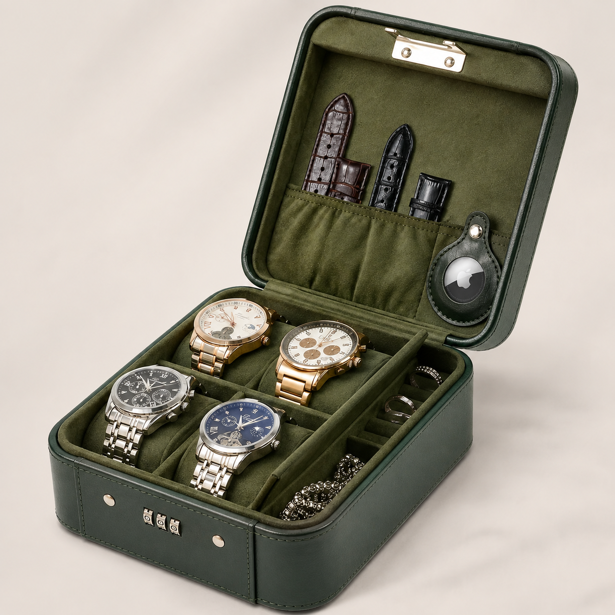 Premium 4 Watch Storage Case - Combination Lock Jewelry & Travel Organizer