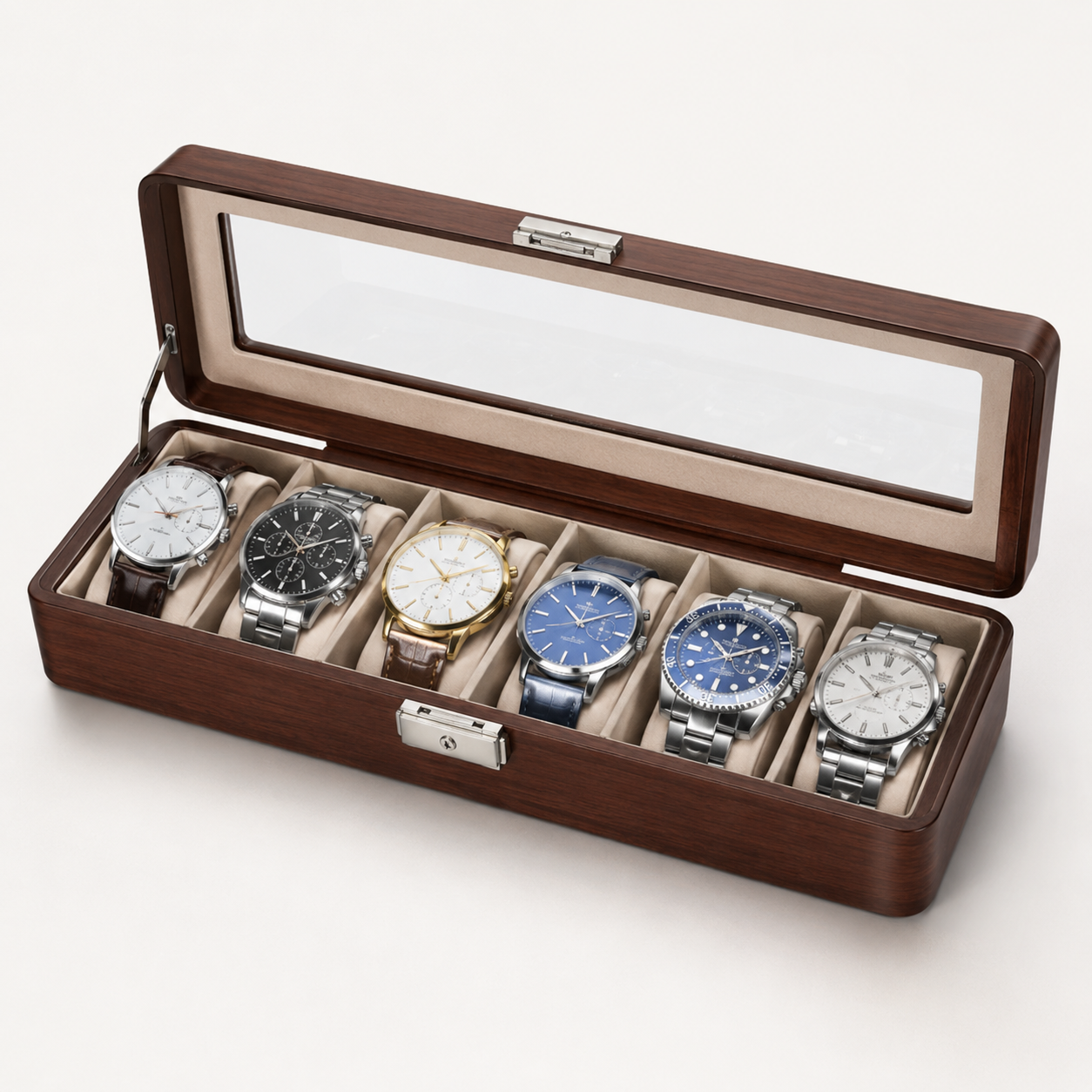 Premium 6 Slot Watch Box - PU Leather Organizer with Glass Lid and Lock