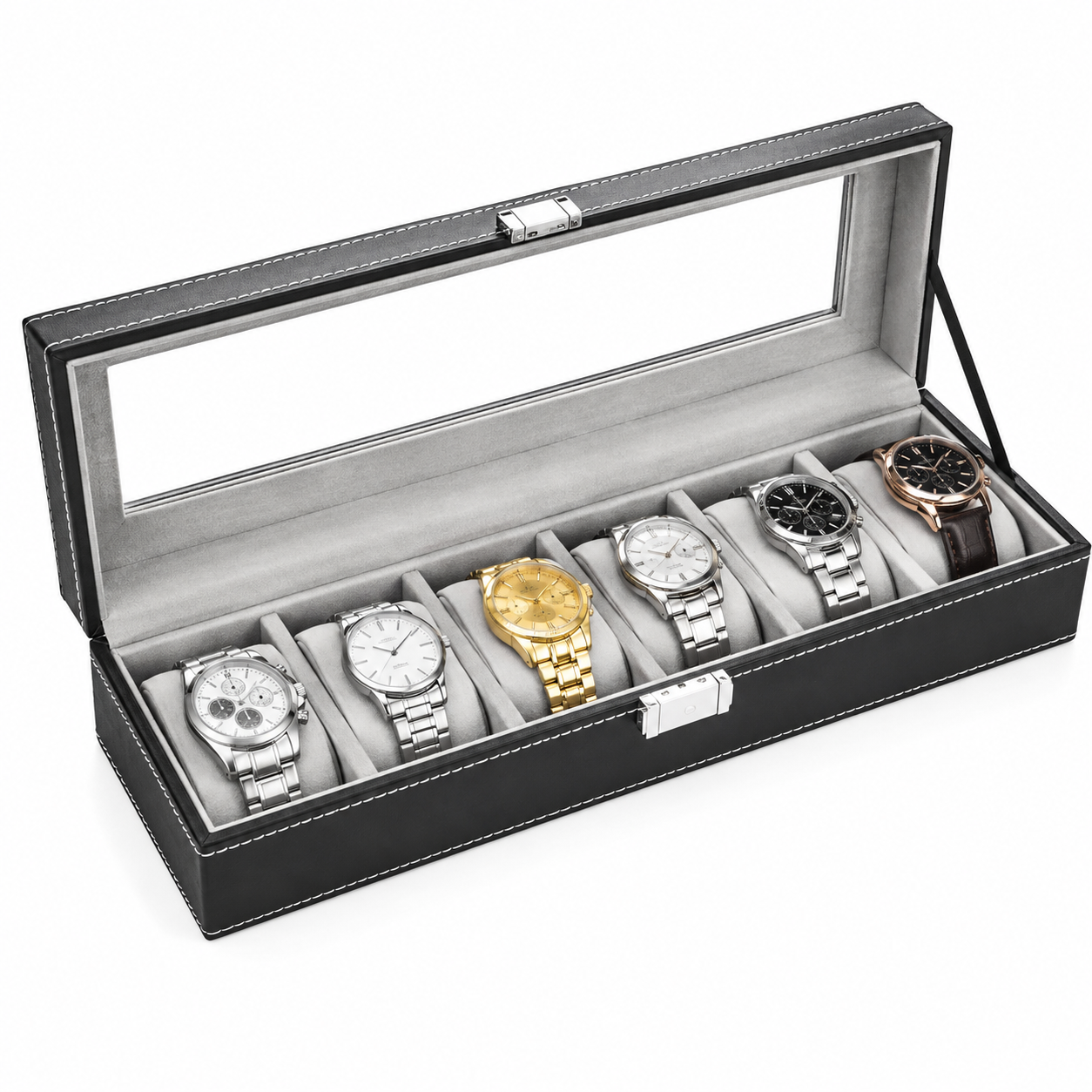 Premium 6 Slot Watch Display Case - Soft Velvet Lined Men's Jewelry & Watch Organizer