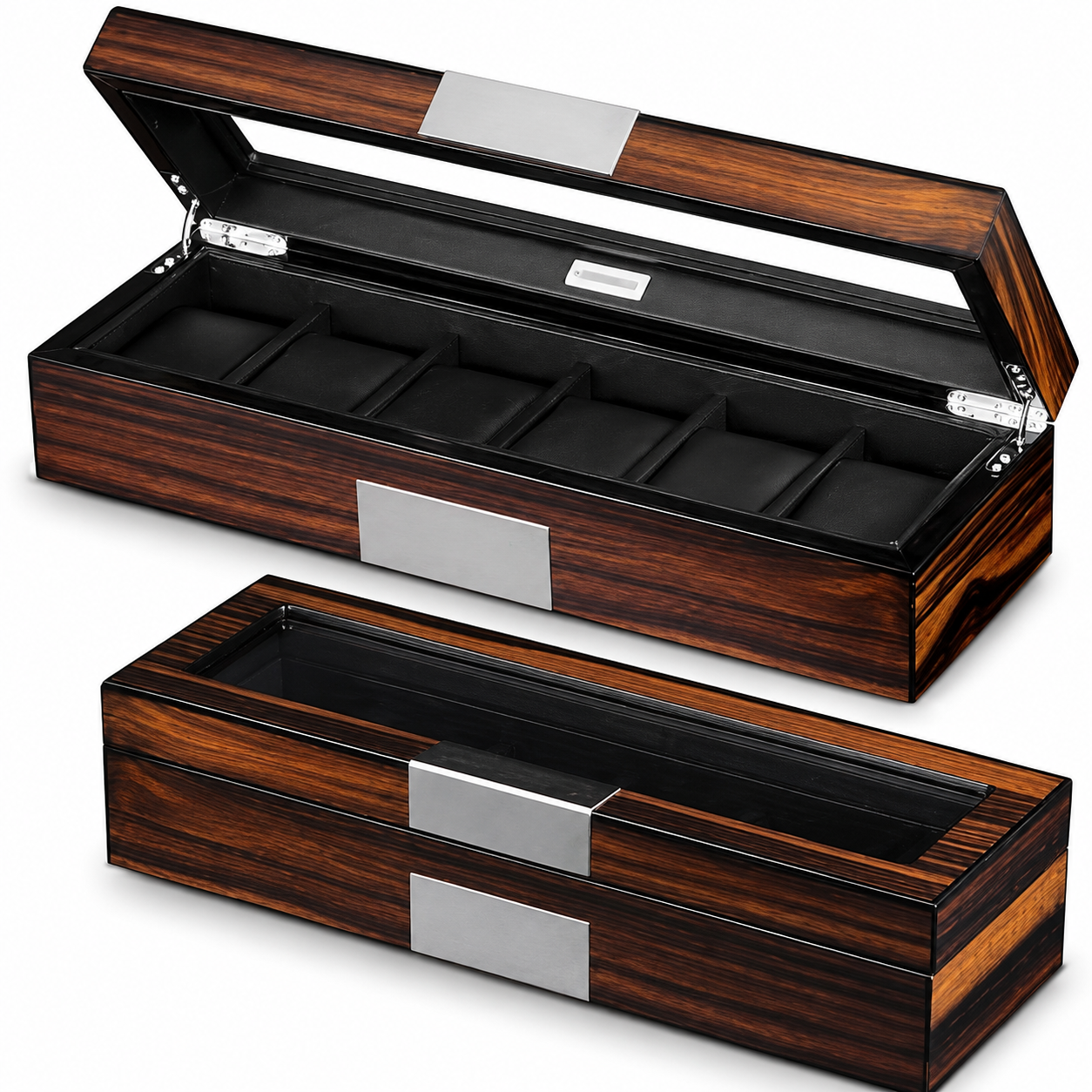 Premium 6 Slot Wooden Watch Box - Ebony Display Case with Large Glass Top